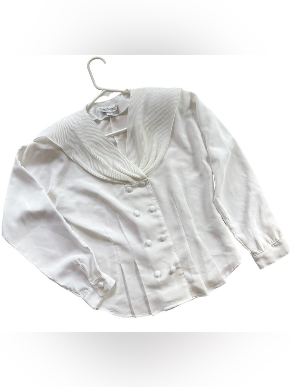 Eva Laurel Petite Classic White Double-Breasted Blouse Crimped Collar 4P
